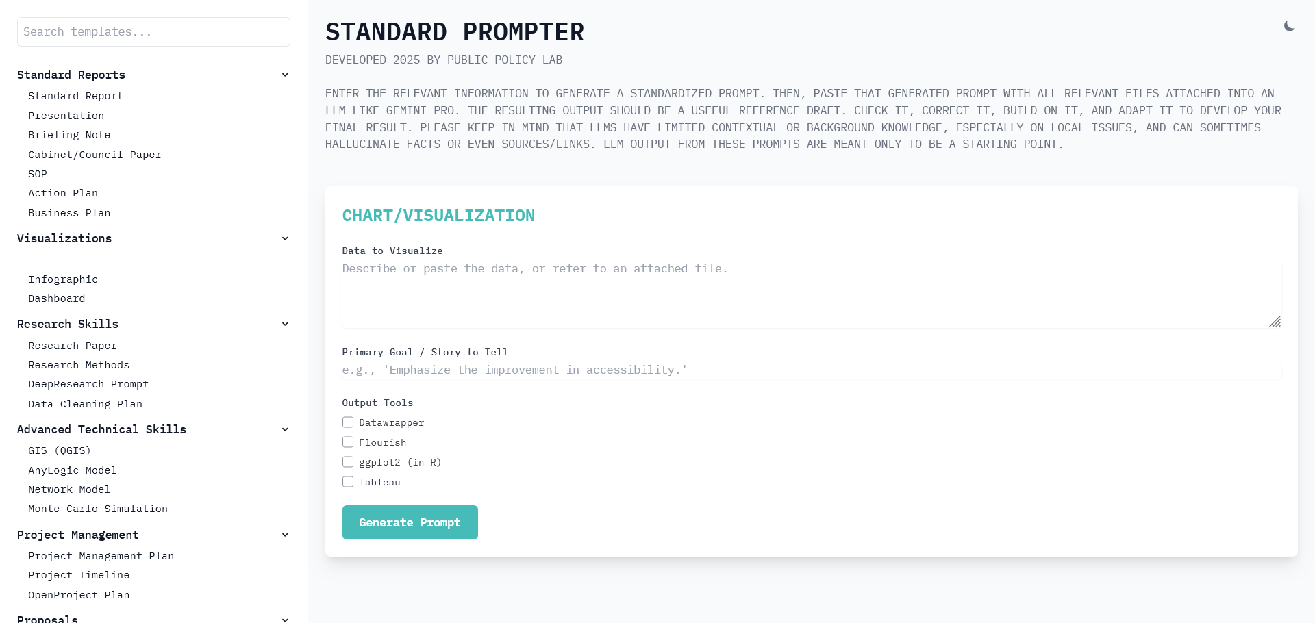 Standard Prompter — template selection sidebar with chart visualization form